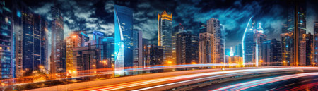 Glowing Cityscape At Night With A Blurred Light Trail Effect. banner for webの素材