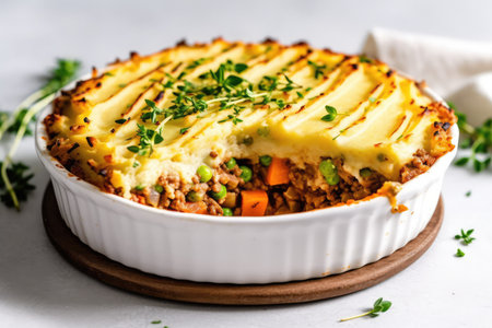 Vegan Lentil Shepherds Pie On White Round Plate On White Backgroundの素材