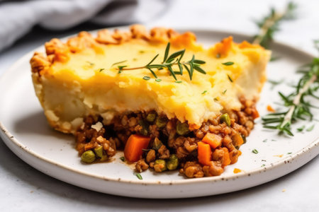 Vegan Lentil Shepherds Pie On White Round Plate On White Backgroundの素材