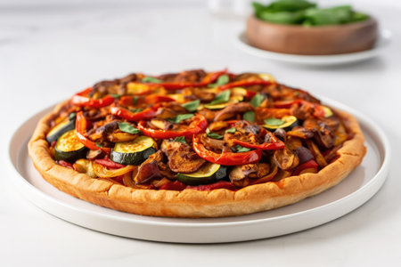 Vegan Ratatouille Pizza On White Round Plate On White Backgroundの素材