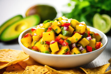 Vegan Mango Salsa With Avocado On White Round Plate On White Backgroundの素材