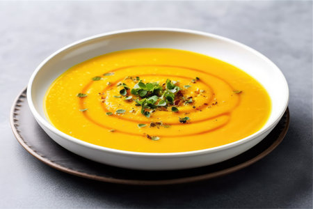 Vegan Butternut Squash Soup On White Round Plate On White Backgroundの素材
