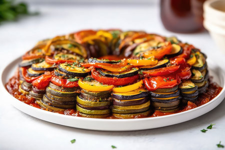 Vegan Ratatouille On White Round Plate On White Backgroundの素材