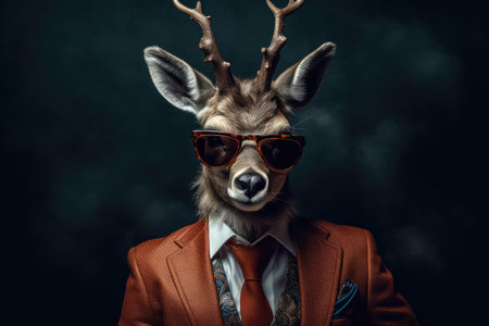 Deer In Suit And Sunglasses On Black Backgroundの素材