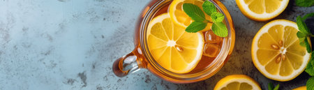 Top View Iced Tea Pitcher With Lemon And Mint. Banner For Webの素材