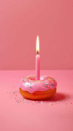 Donut With One Candle On A Pink Background Greeting Card Designの素材