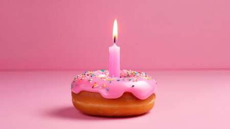 Donut With One Candle On A Pink Background Greeting Card Designの素材