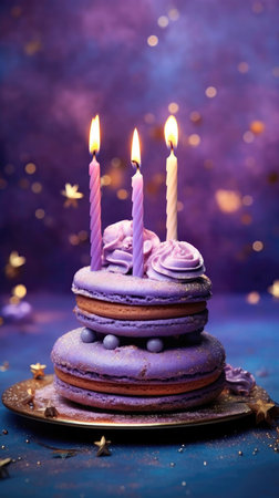 Cake With Candles On A Frosted Violet Background Greeting Card Designの素材