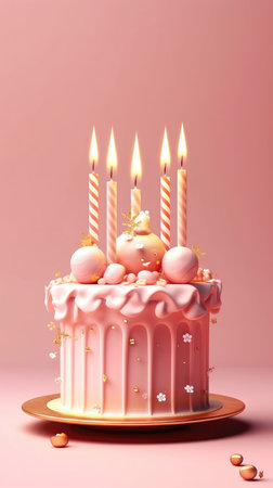 Cake With Candles On A Whisper Pink Background Greeting Card Designの素材