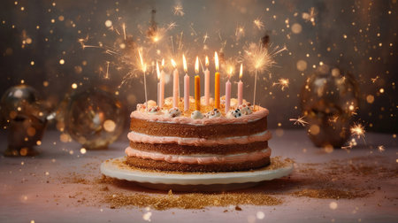 Cake With Candles On A Champagne Background Greeting Card Designの素材