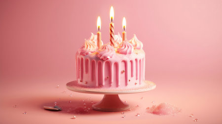 Cake With Candles On A Frosted Pink Background Greeting Card Designの素材