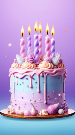 Cake With Candles On A Pale Lilac Background Greeting Card Designの素材