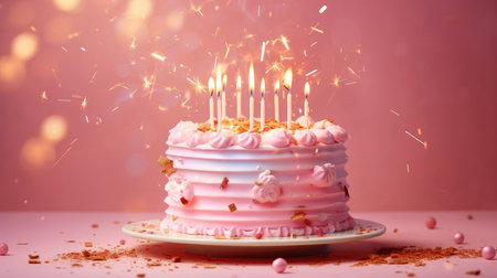 Cake With Candles On A Pink Background Greeting Card Designの素材