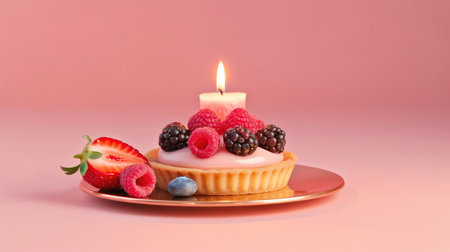 Fruit Tart With One Candle On A Pink Background Greeting Card Designの素材