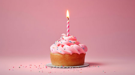 Cake With One Candle On A Pink Backgroundの素材