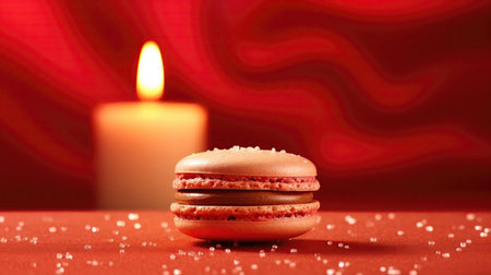 Macaron With One Candle On A Red Background Greeting Card Designの素材