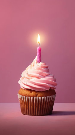 Cupcake With One Candle On A Pink Background Greeting Card Designの素材