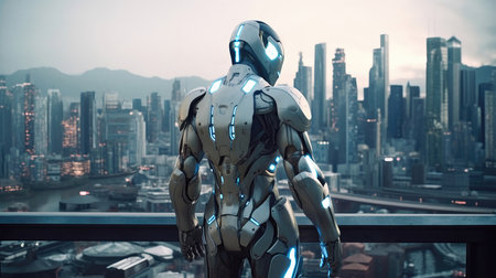 The Futuristic Cyborg Is Shown Out In Front Of A Hightech City Skylineの素材