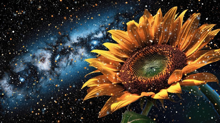 Sunflower With A Starry Background In The Style Of Book Art Installationsの素材