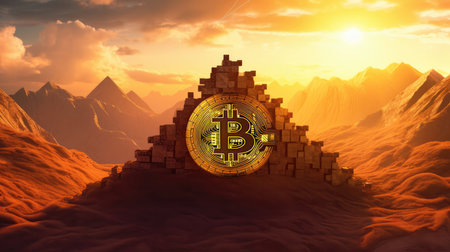 Bitcoin Carved Into A Triangular Mountain Sunsetの素材