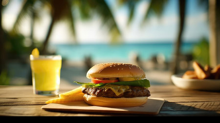 Cheeseburger On A Wooden Table Backdrop Of The Bergue Thailand Cafeの素材