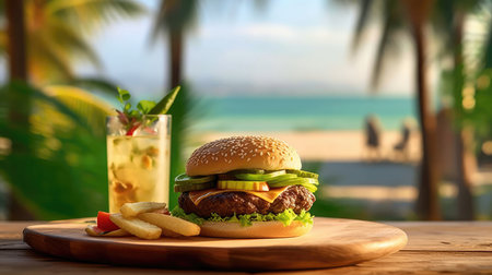 Cheeseburger On A Wooden Table Backdrop Of The Bergue Thailand Cafeの素材
