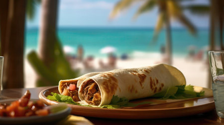 Burrito On A Wooden Table Backdrop Of The Bergue Thailand Cafeの素材