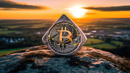 Bitcoin In Stone Carved Into A Triangular Mount Sunsetの素材