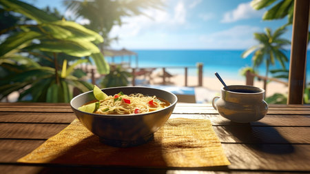 Ramen On A Wooden Table Backdrop Of The Bergue Thailand Cafeの素材