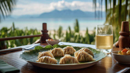 Dumplings Jiaozi On A Wooden Table Backdrop Of The Bergue Thailand Cafeの素材