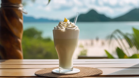 Zesty Lemon Meringue Milkshake On A Wooden Table Backdrop Of The Bergue Thailand Cafeの素材