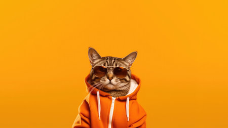 A Cat Bengal With Sunglasses A Sweatshirt Peachy Orange Backgroundの素材