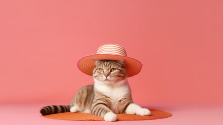 Happy Cat American Bobtail In A Hat Beachwear Coral Pink Backgroundの素材