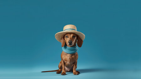 A Happy Dog Dachshund In A Hat Beachwear Indigo Blue Backgroundの素材