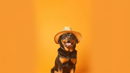 A Happy Dog Rottweiler In A Hat Beachwear Peachy Orange Backgroundの素材