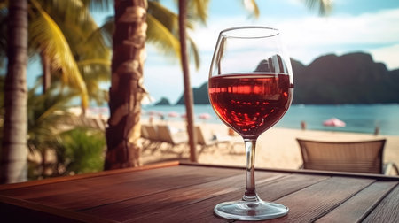 Red Wine Glass On A Wooden Table Backdrop Of The Bergue Thailand Cafeの素材
