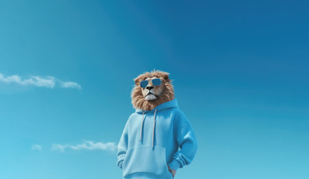 Lion With Sunglasses A Sweatshirt Sky Blue Backgroundの素材