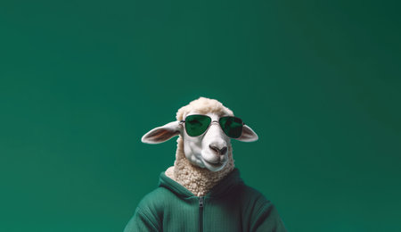 Sheep With Sunglasses A Sweatshirt Emerald Green Backgroundの素材