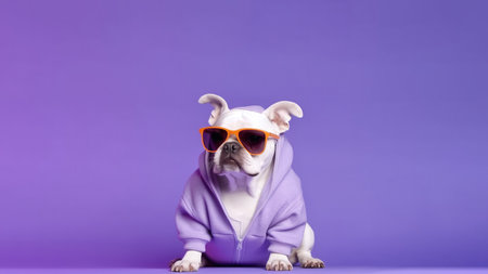 A Dog Bulldog With Sunglasses A Sweatshirt Lavender Purple Backgroundの素材