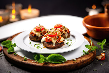 Cheese And Tomato Stuffed Portobello Mushrooms On A White Backgroundの素材
