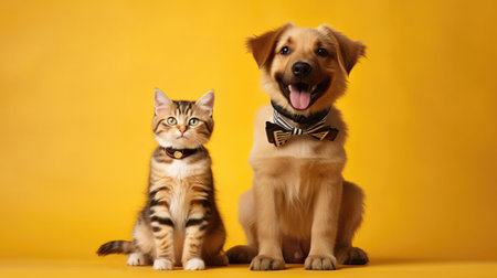 Happy Cute Kitten And Puppy With Collars On Yellow Backgroundの素材