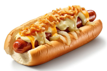 Many Onion Many Cheese French Hot Dog On A White Backgroundの素材