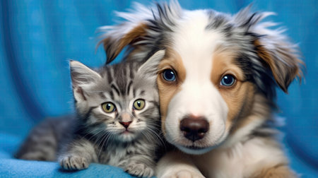 Kitten And Puppy Cuddling Happy Cute Blue Backgroundの素材