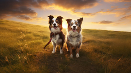 Happy Cute Two Dogs With Collars On The Grassの素材