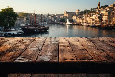 A Wooden Table Against Backdrop Of Bustling Harbor Blank Surfaceの素材