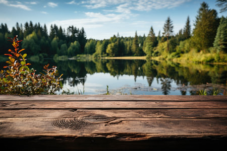 A Wooden Tabletop Against Backdrop Of Serene Forest Lake Blank Surfaceの素材