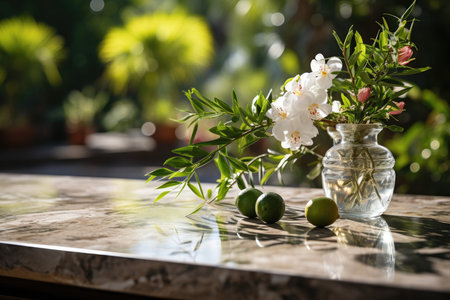 A Marble Countertop Against Backdrop Of Tranquil And Serene Outdoor Garden Spaceの素材