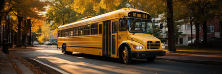 A School Bus Parked Outside School Building Ready To Transport Studentsの素材