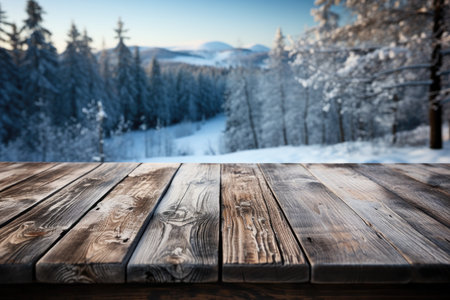 A Wooden Tabletop Against Backdrop Of Snowy Winter Landscape Blank Surfaceの素材