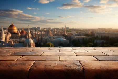 A Wooden Tabletop Against Backdrop Of Historic Monument Blank Surfaceの素材